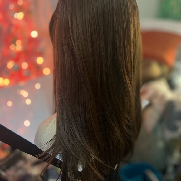 Brunette Shadow root human blend wig, long bangs. Layers tapered to face - Picture 8 of 13